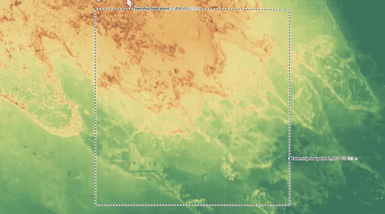 Topographic elevation map of West End Township, North Dakota, shaded from 1,060 ft on the east side to 1,090 ft on the northwest side