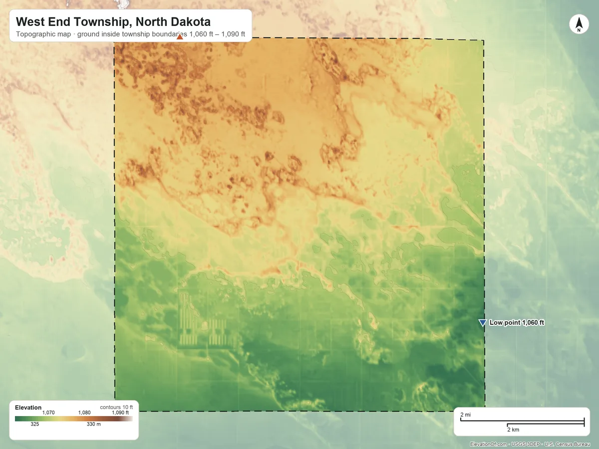 Topographic elevation map of West End Township, North Dakota, shaded from 1,060 ft on the east side to 1,090 ft on the northwest side