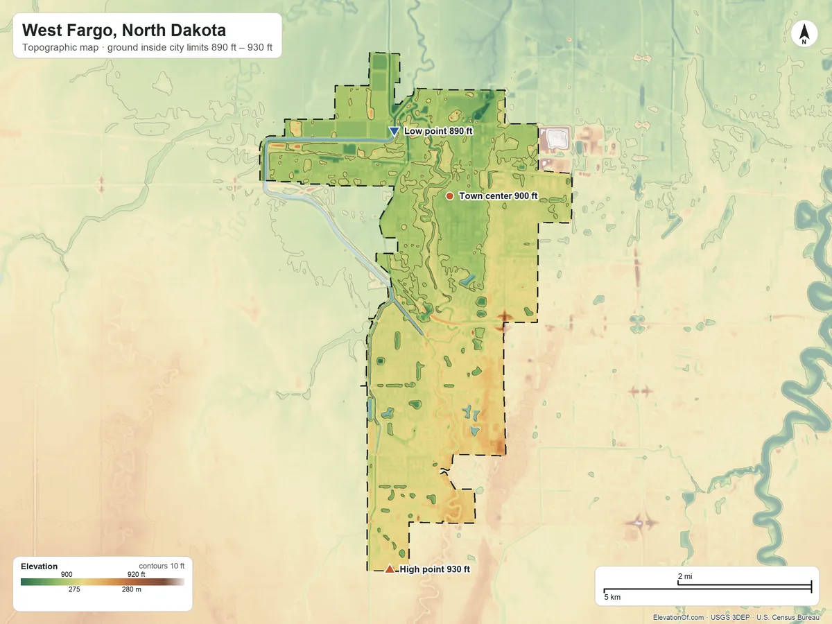 Topographic elevation map of West Fargo, North Dakota, shaded from 890 ft on the northwest side to 930 ft on the south side