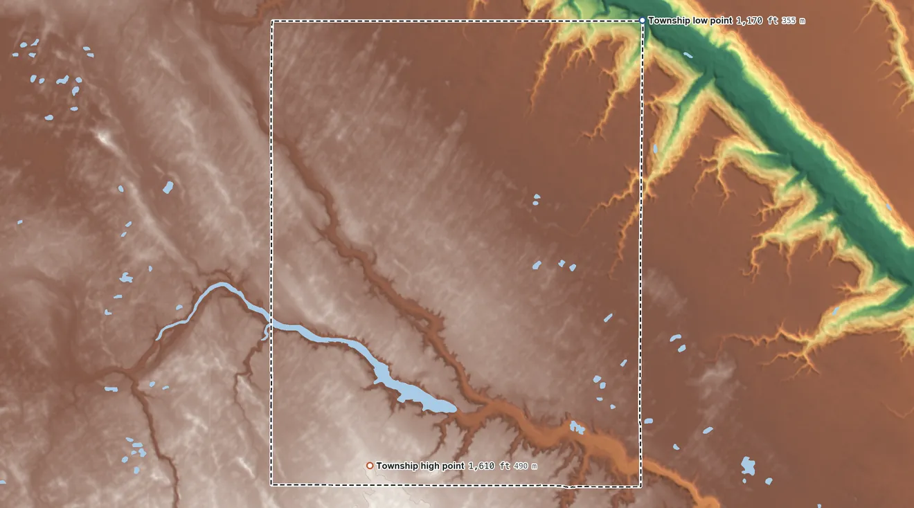 Topographic elevation map of West Hope Township, North Dakota, shaded from 1,170 ft on the northeast side to 1,610 ft on the southwest side