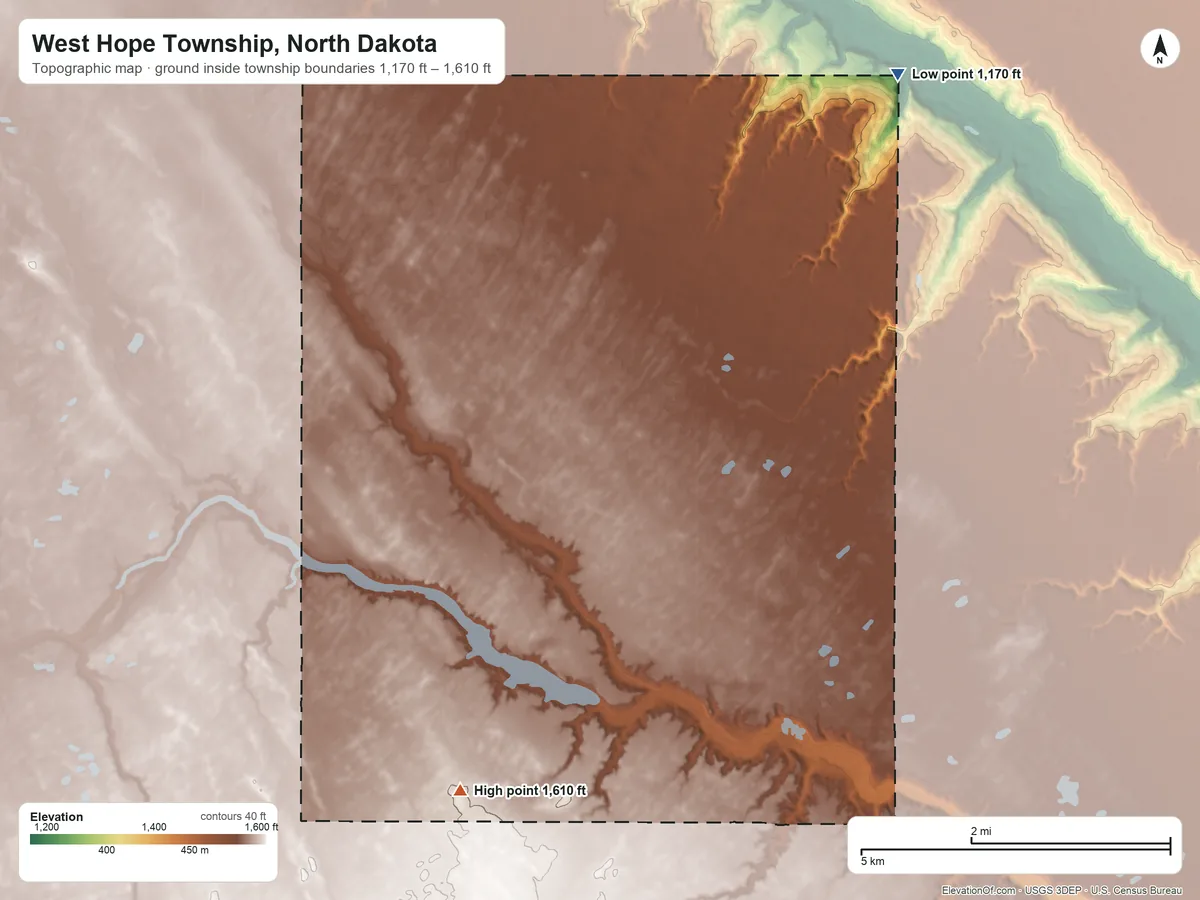 Topographic elevation map of West Hope Township, North Dakota, shaded from 1,170 ft on the northeast side to 1,610 ft on the southwest side