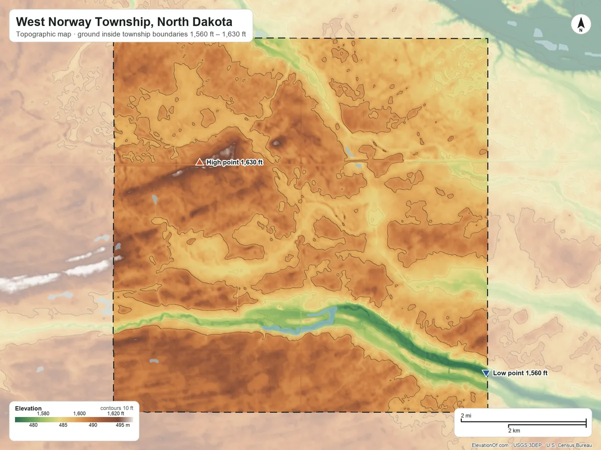 Topographic elevation map of West Norway Township, North Dakota, shaded from 1,560 ft on the southeast side to 1,630 ft on the northwest side