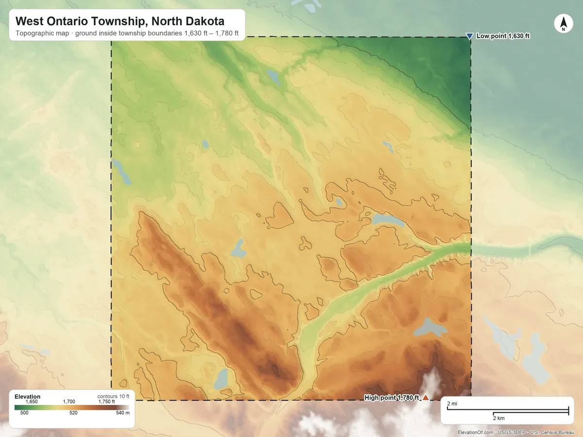 Topographic elevation map of West Ontario Township, North Dakota, shaded from 1,630 ft on the northeast side to 1,780 ft on the southeast side