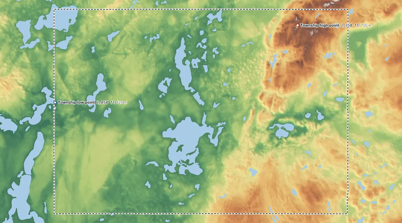Topographic elevation map of Westby Township, North Dakota, shaded from 2,050 ft on the west side to 2,350 ft on the northeast side