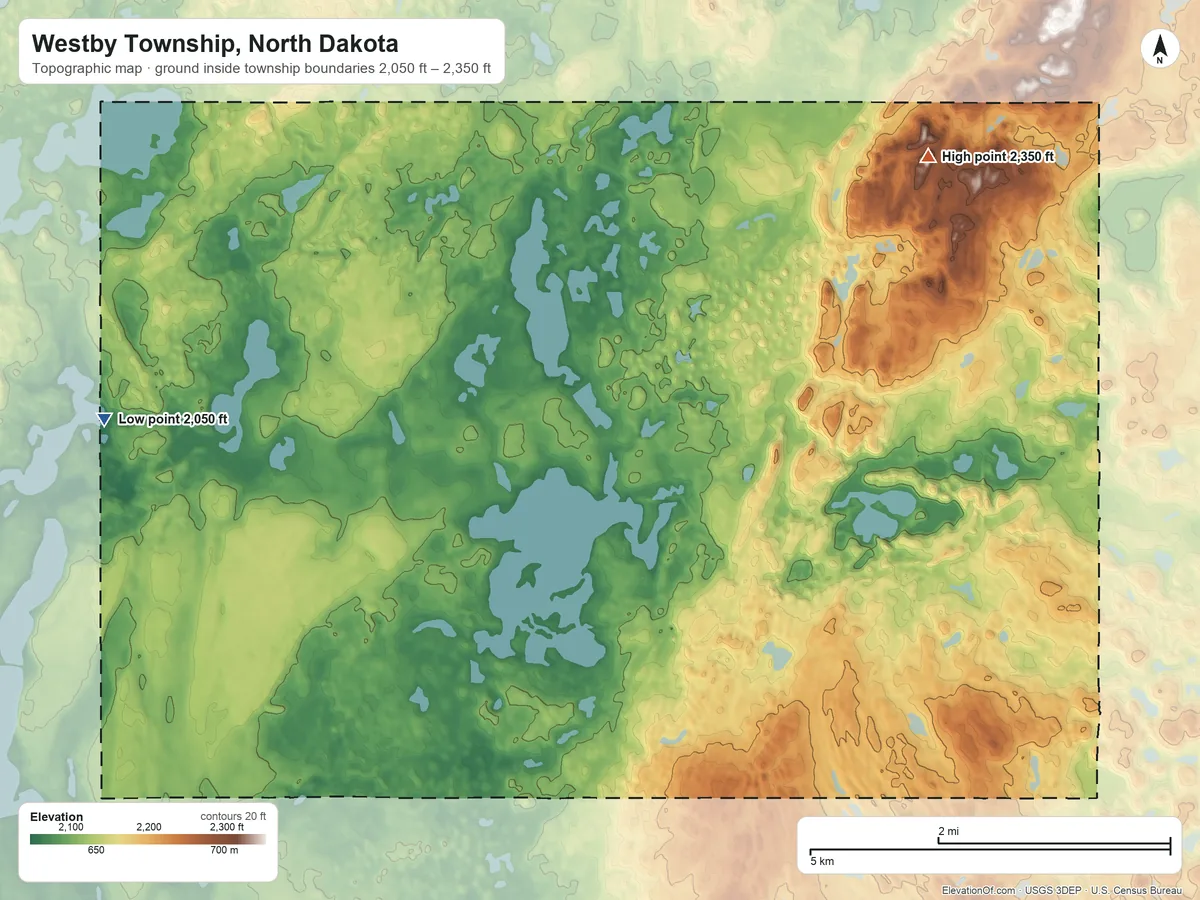 Topographic elevation map of Westby Township, North Dakota, shaded from 2,050 ft on the west side to 2,350 ft on the northeast side