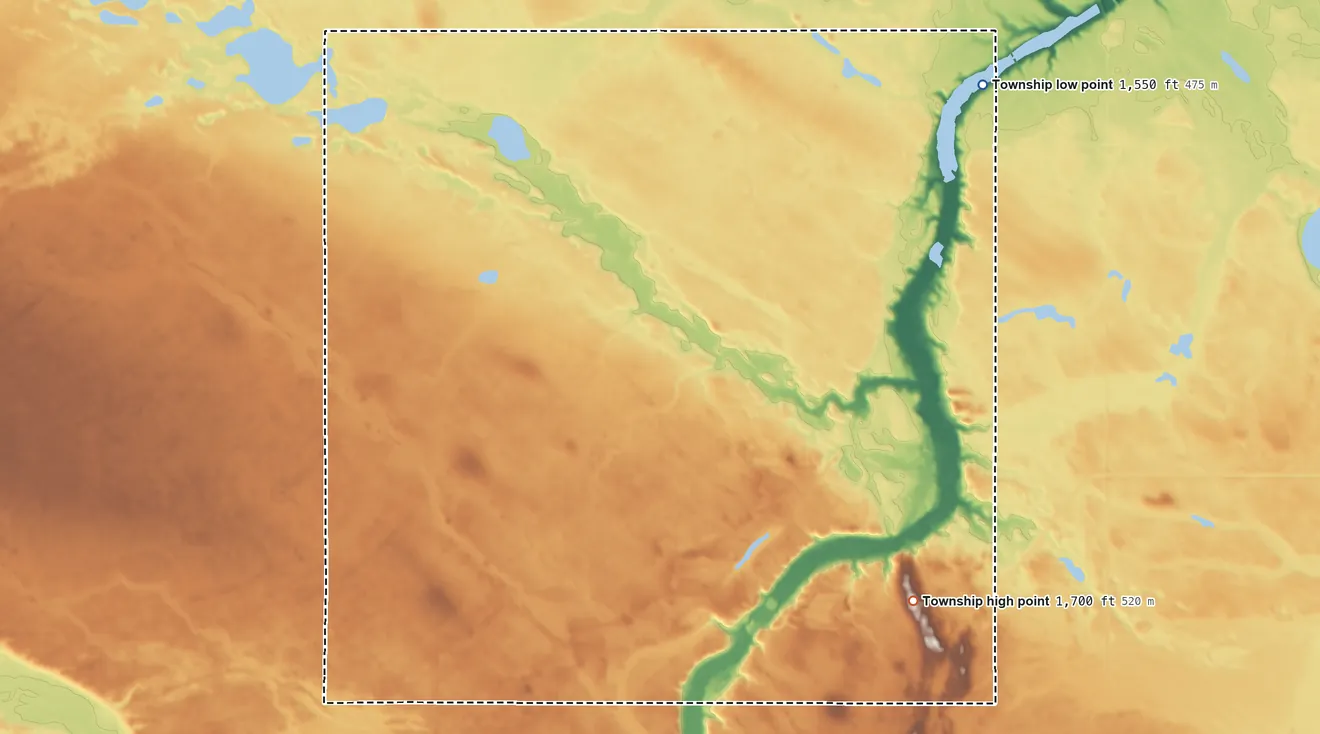 Topographic elevation map of Western Township, North Dakota, shaded from 1,550 ft on the northeast side to 1,700 ft on the southeast side