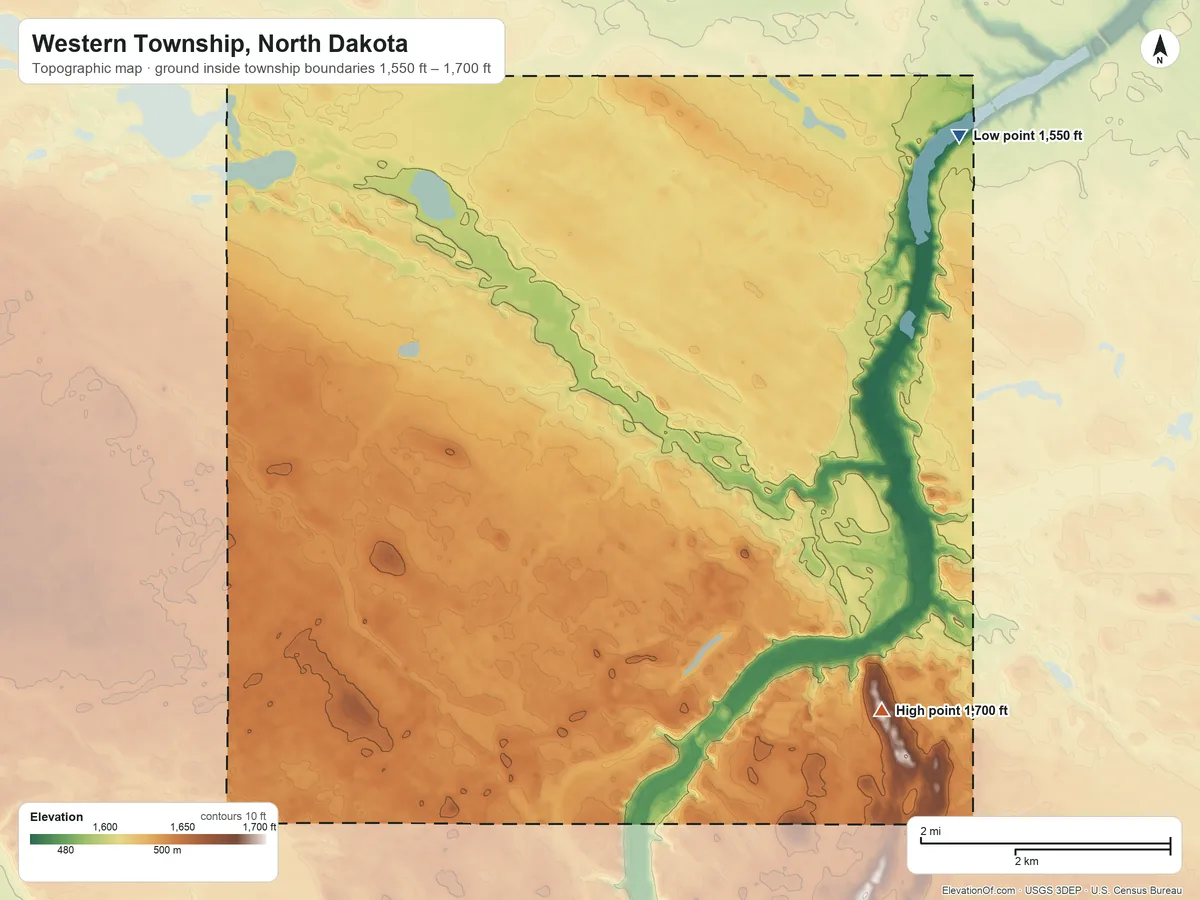 Topographic elevation map of Western Township, North Dakota, shaded from 1,550 ft on the northeast side to 1,700 ft on the southeast side