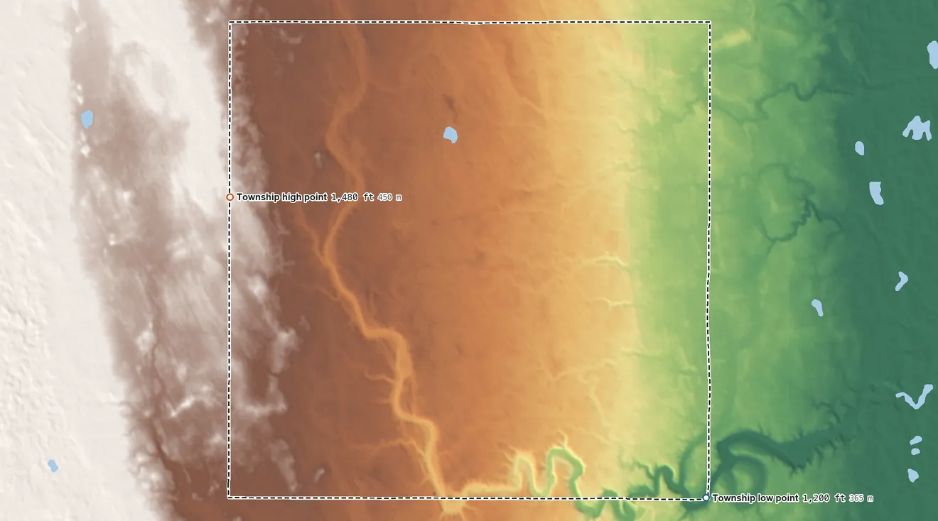 Topographic elevation map of Westfield Township, North Dakota, shaded from 1,200 ft on the southeast side to 1,480 ft on the northwest side