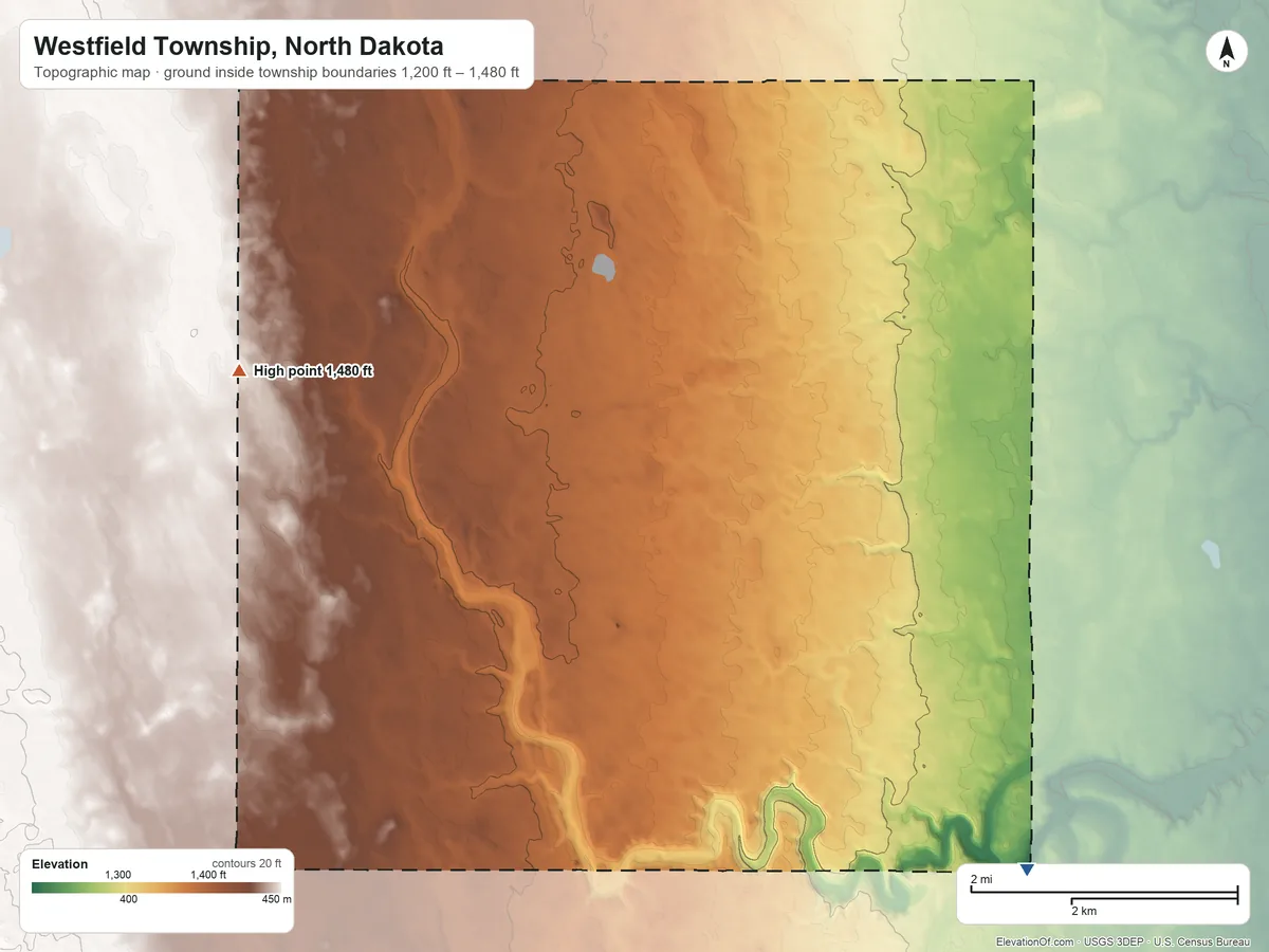 Topographic elevation map of Westfield Township, North Dakota, shaded from 1,200 ft on the southeast side to 1,480 ft on the northwest side