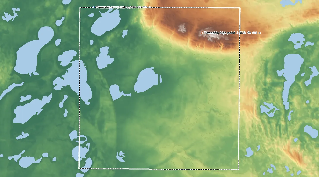 Topographic elevation map of Westford Township, North Dakota, shaded from 1,730 ft on the north side to 2,020 ft on the northeast side