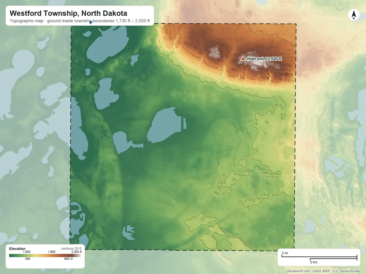 Topographic elevation map of Westford Township, North Dakota, shaded from 1,730 ft on the north side to 2,020 ft on the northeast side