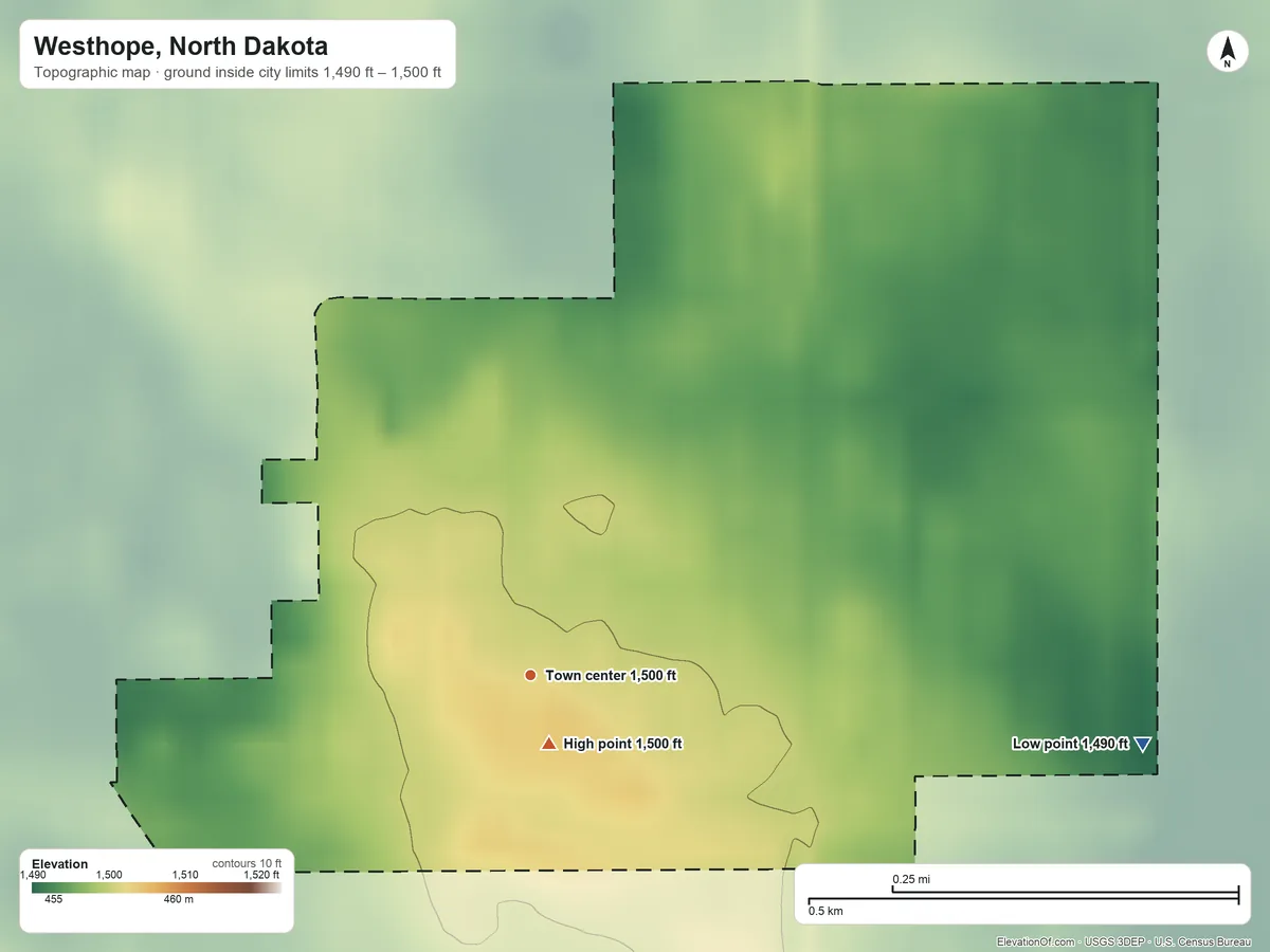 Topographic elevation map of Westhope, North Dakota, shaded from 1,490 ft on the east side to 1,500 ft near the middle