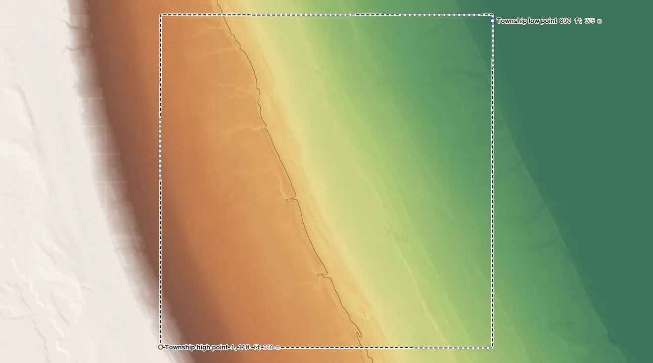 Topographic elevation map of Wheatfield Township, North Dakota, shaded from 890 ft on the northeast side to 1,110 ft on the southwest side