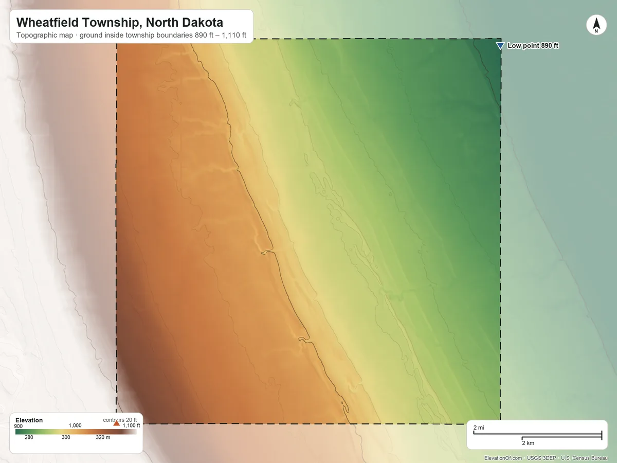 Topographic elevation map of Wheatfield Township, North Dakota, shaded from 890 ft on the northeast side to 1,110 ft on the southwest side