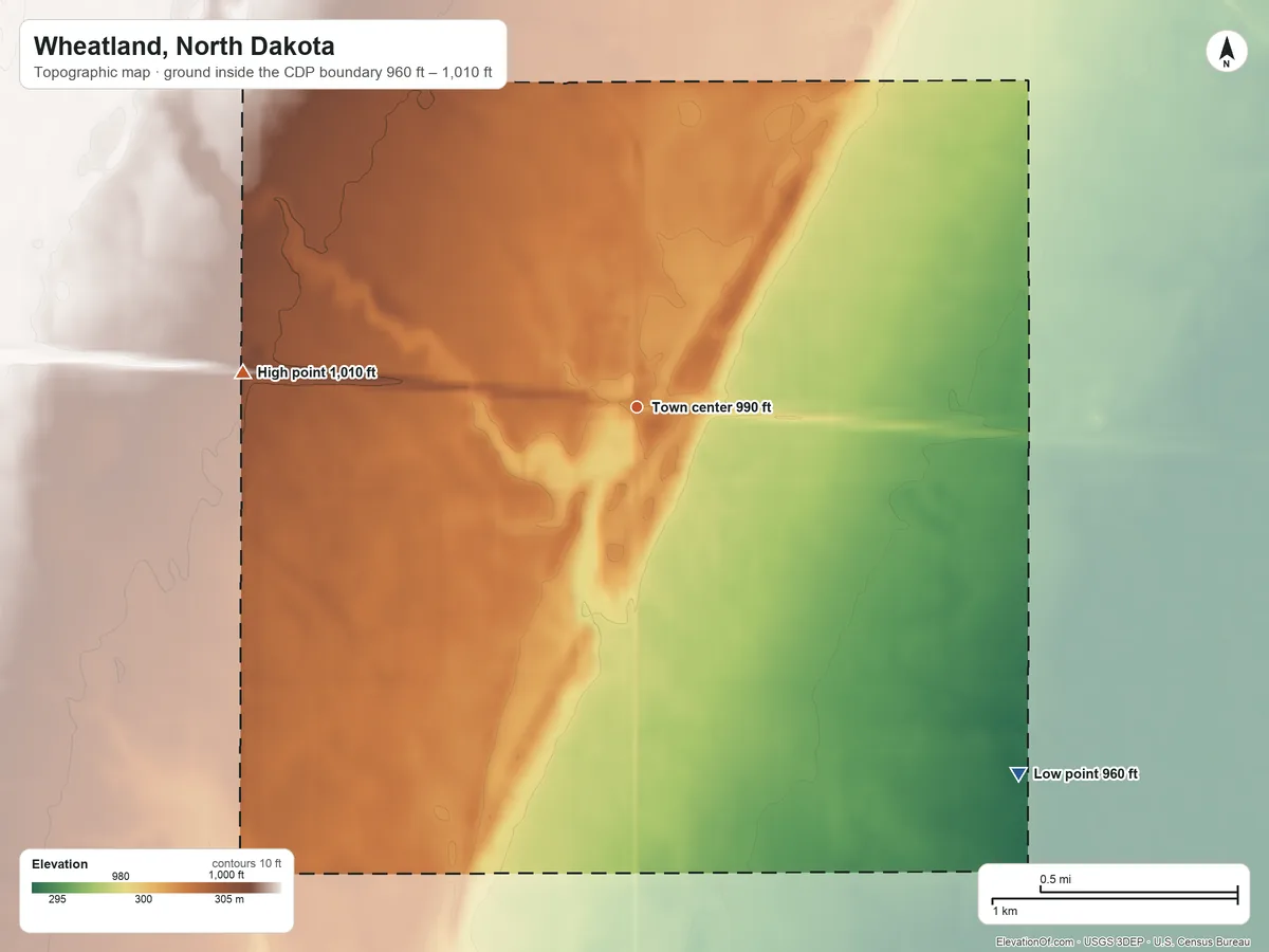 Topographic elevation map of Wheatland, North Dakota, shaded from 960 ft on the southeast side to 1,010 ft on the west side
