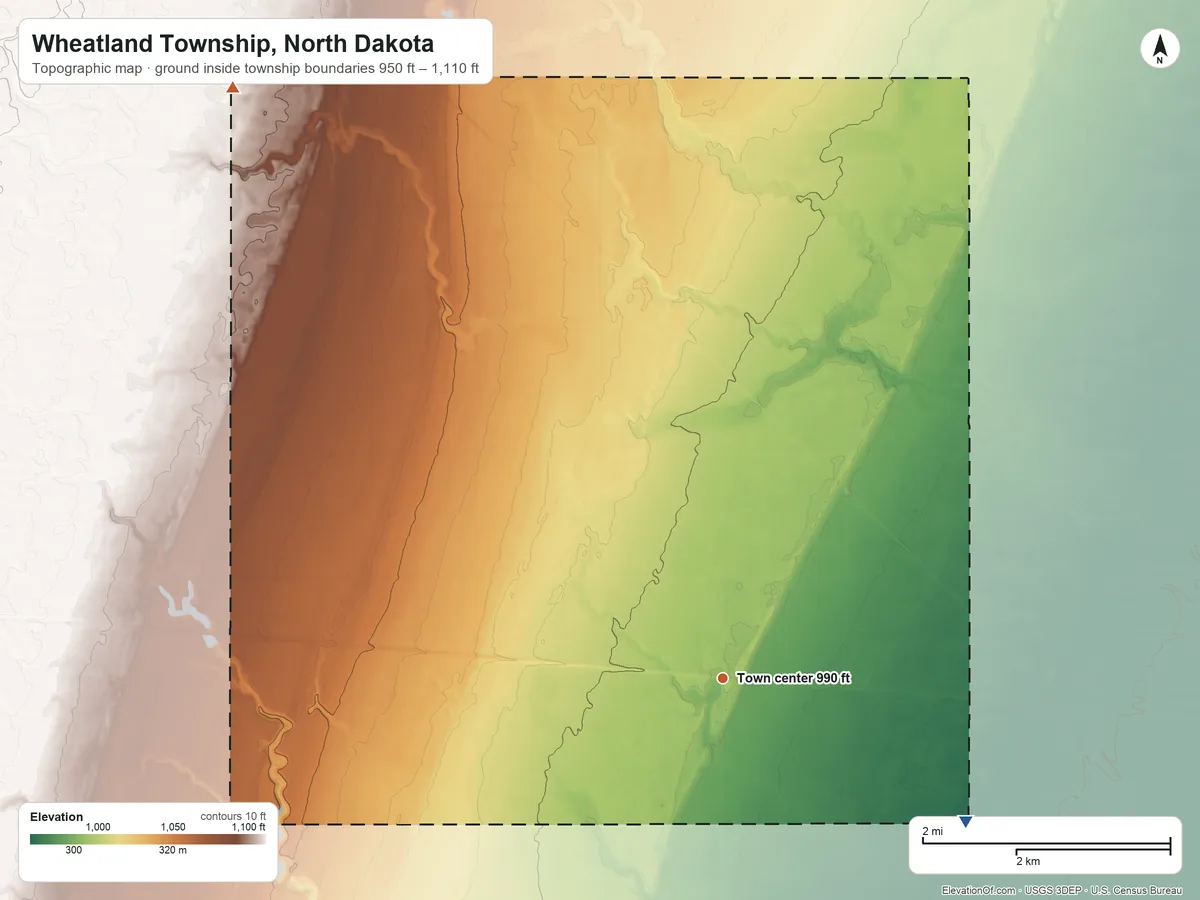 Topographic elevation map of Wheatland Township, North Dakota, shaded from 950 ft on the southeast side to 1,110 ft on the northwest side