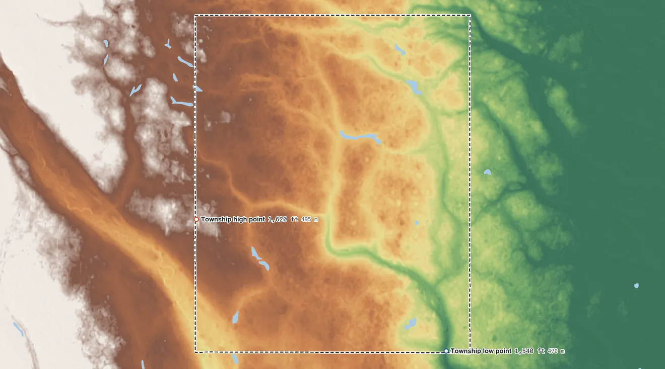 Topographic elevation map of Wheaton Township, North Dakota, shaded from 1,540 ft on the southeast side to 1,620 ft on the west side