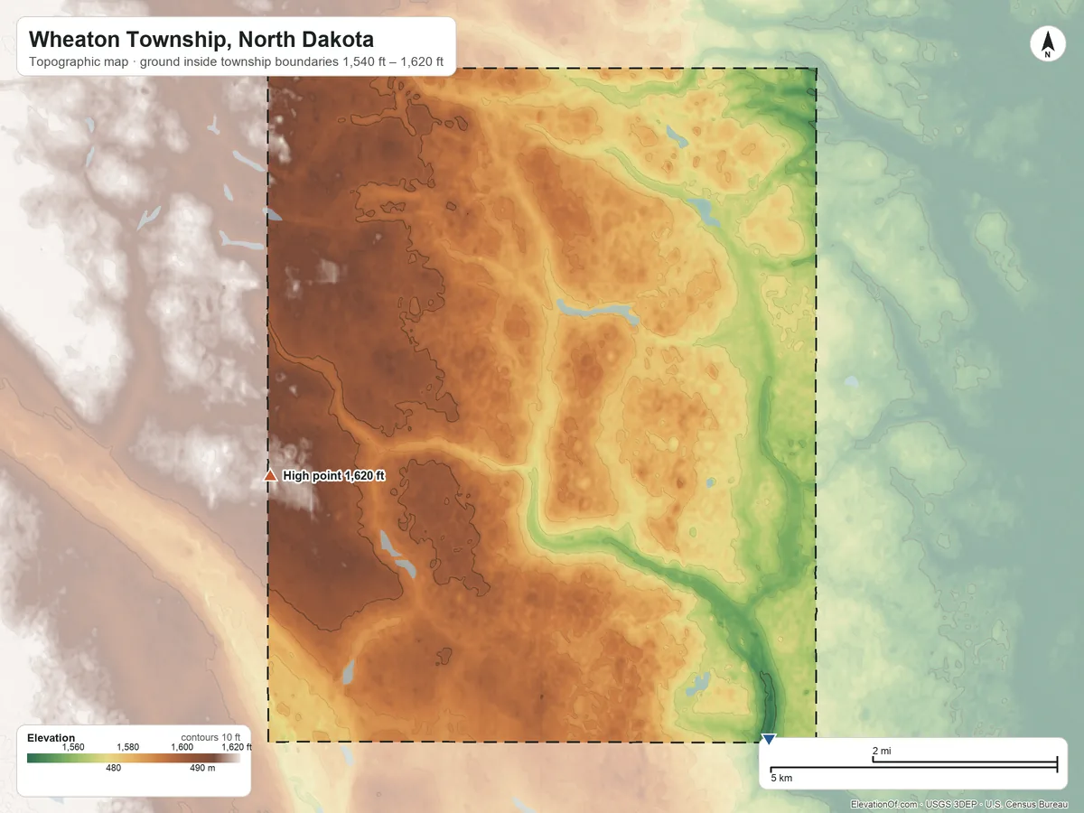 Topographic elevation map of Wheaton Township, North Dakota, shaded from 1,540 ft on the southeast side to 1,620 ft on the west side
