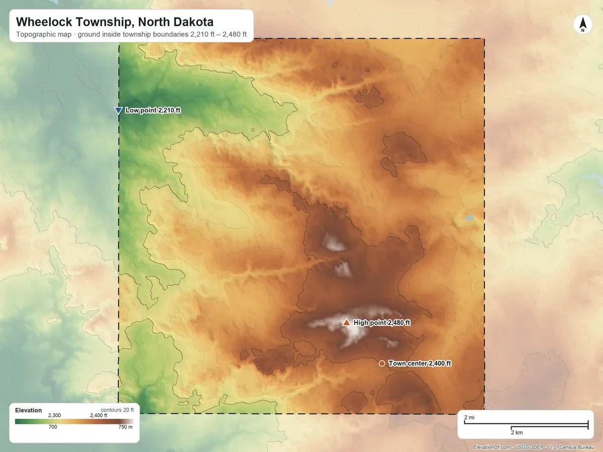 Topographic elevation map of Wheelock Township, North Dakota, shaded from 2,210 ft on the northwest side to 2,480 ft on the northwest side