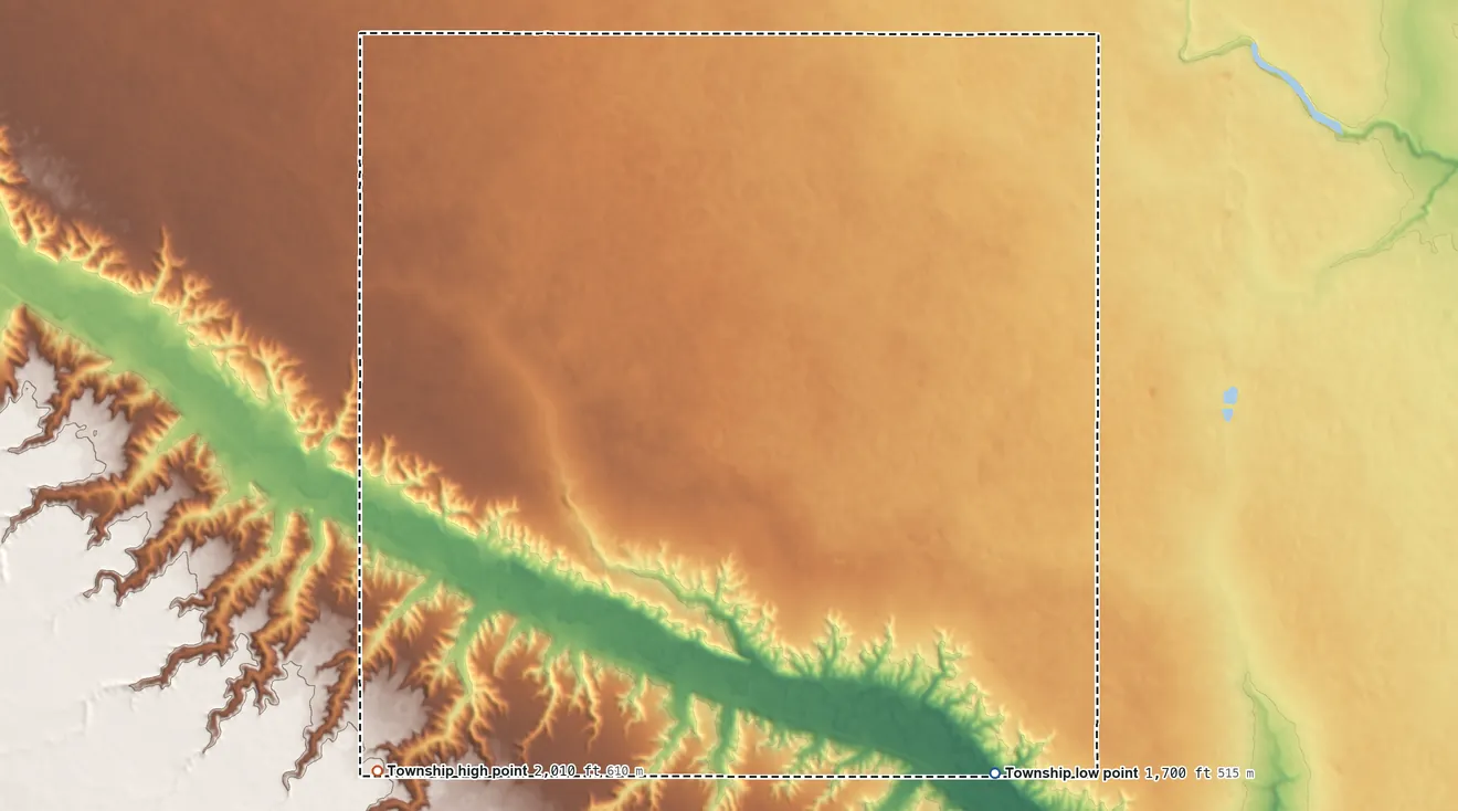 Topographic elevation map of White Ash Township, North Dakota, shaded from 1,700 ft on the southeast side to 2,010 ft on the southwest side