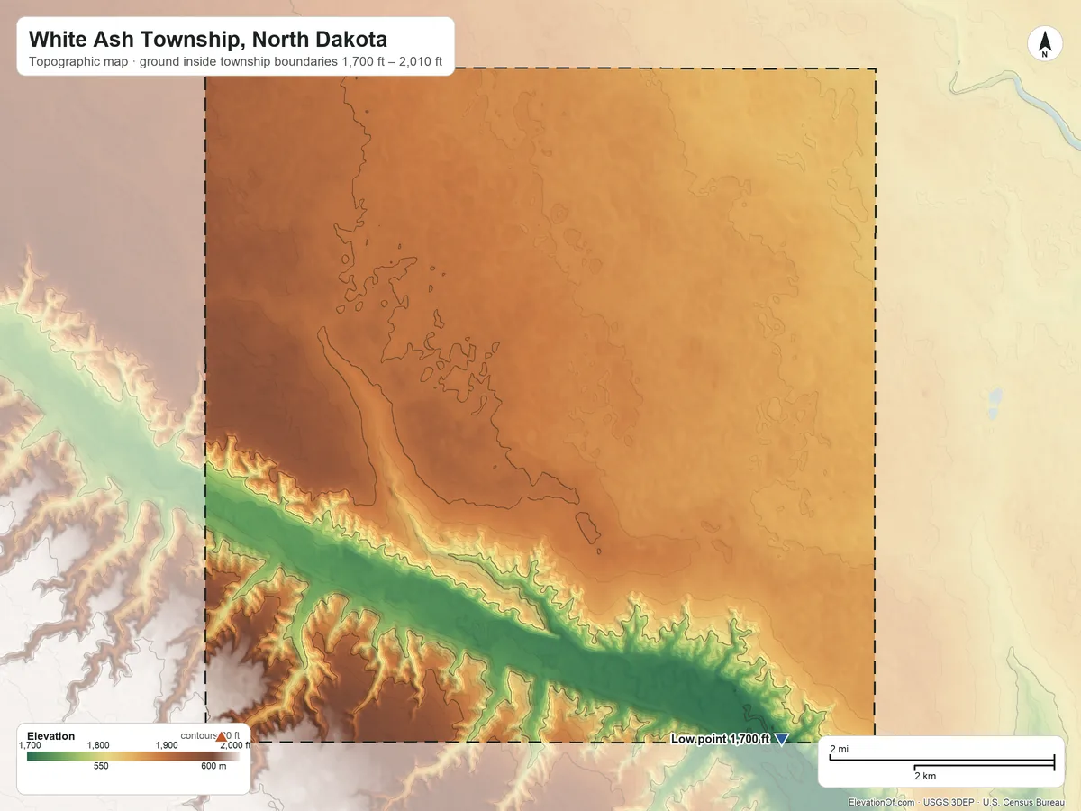 Topographic elevation map of White Ash Township, North Dakota, shaded from 1,700 ft on the southeast side to 2,010 ft on the southwest side