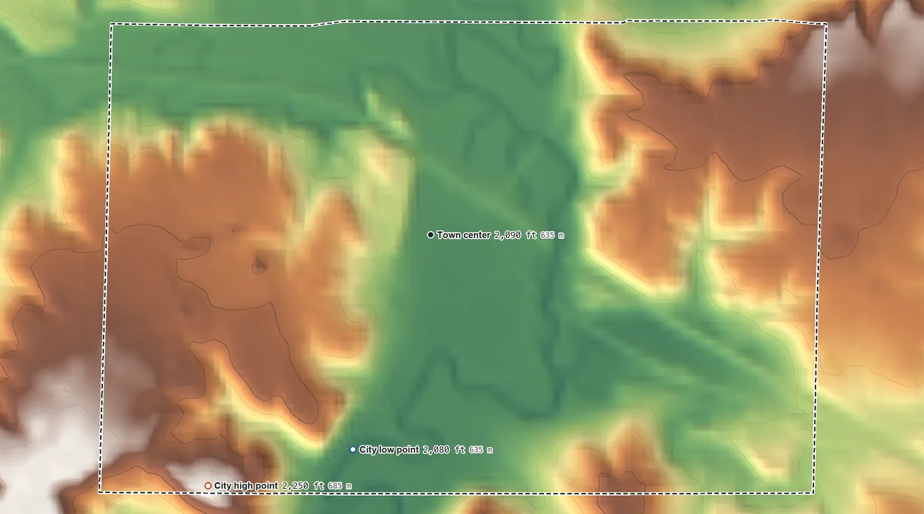 Topographic elevation map of White Earth, North Dakota, shaded from 2,080 ft on the south side to 2,250 ft on the southwest side