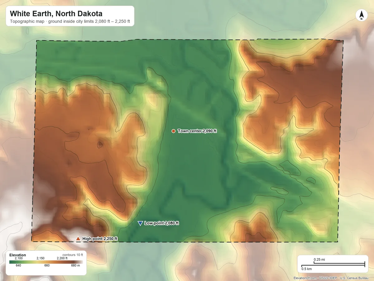 Topographic elevation map of White Earth, North Dakota, shaded from 2,080 ft on the south side to 2,250 ft on the southwest side