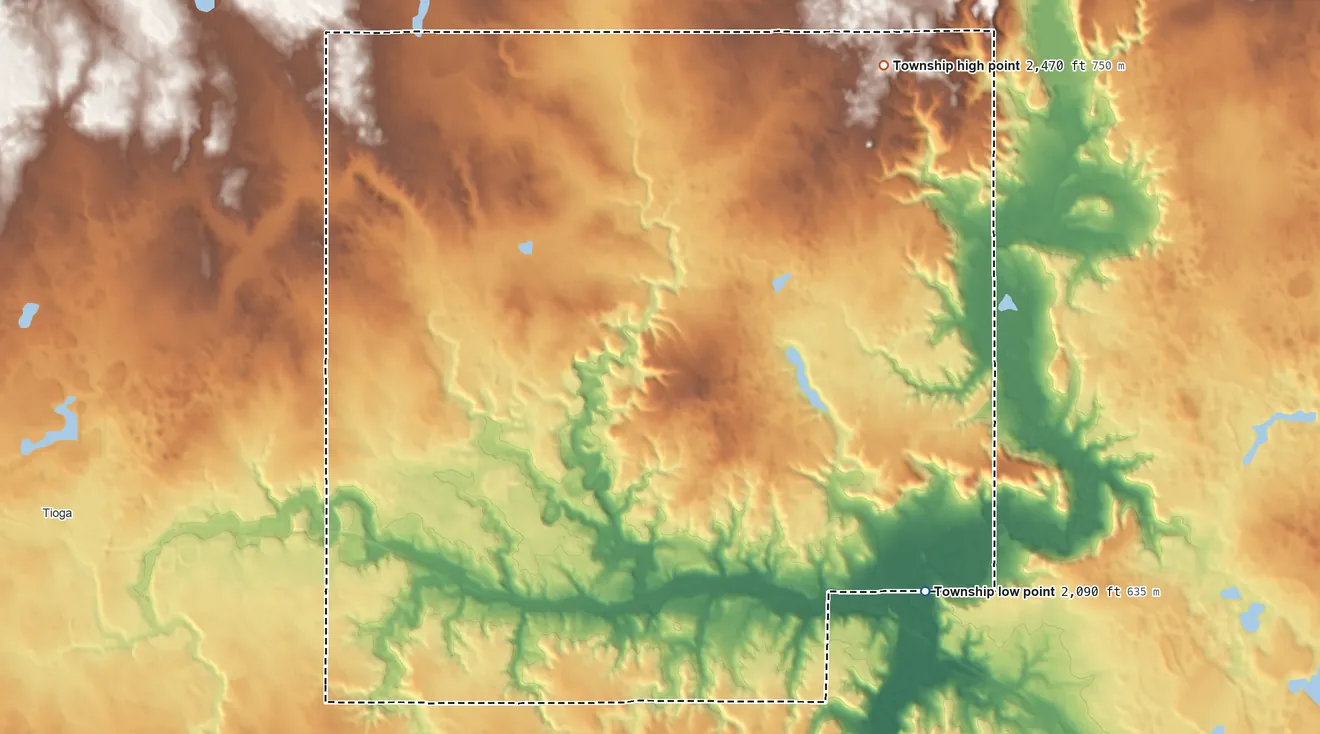 Topographic elevation map of White Earth Township, North Dakota, shaded from 2,090 ft on the east side to 2,470 ft on the northeast side