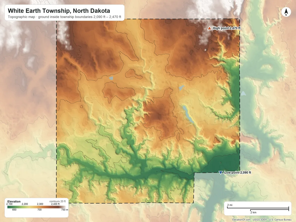 Topographic elevation map of White Earth Township, North Dakota, shaded from 2,090 ft on the east side to 2,470 ft on the northeast side