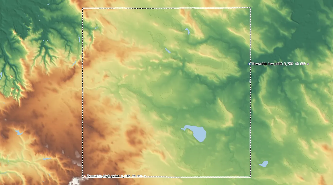 Topographic elevation map of White Lake Township, North Dakota, shaded from 2,730 ft on the east side to 3,010 ft on the south side