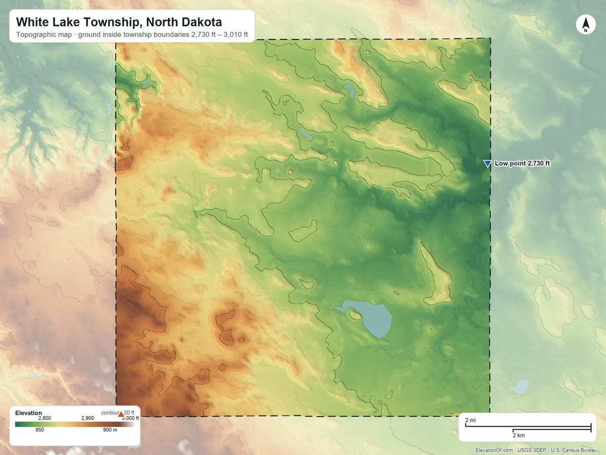Topographic elevation map of White Lake Township, North Dakota, shaded from 2,730 ft on the east side to 3,010 ft on the south side