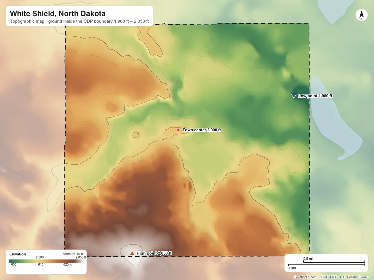 Topographic elevation map of White Shield, North Dakota, shaded from 1,960 ft on the east side to 2,050 ft on the south side