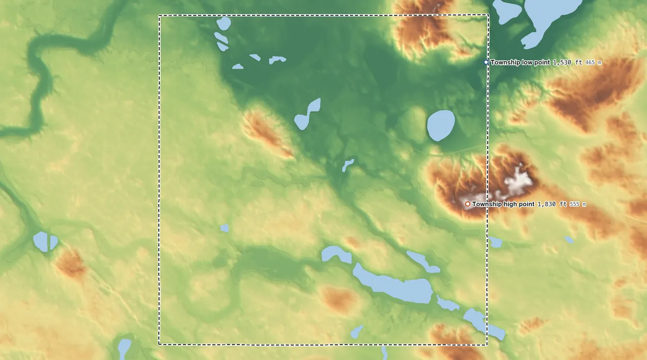 Topographic elevation map of White Township, North Dakota, shaded from 1,530 ft on the northeast side to 1,830 ft on the northeast side