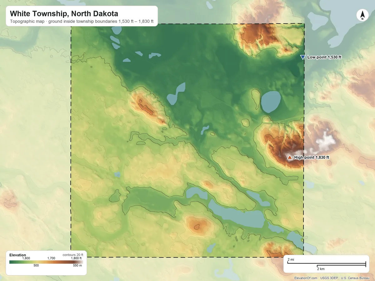 Topographic elevation map of White Township, North Dakota, shaded from 1,530 ft on the northeast side to 1,830 ft on the northeast side