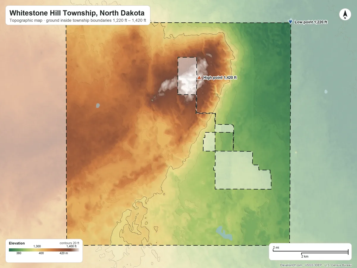 Topographic elevation map of Whitestone Hill Township, North Dakota, shaded from 1,220 ft on the northeast side to 1,420 ft on the north side