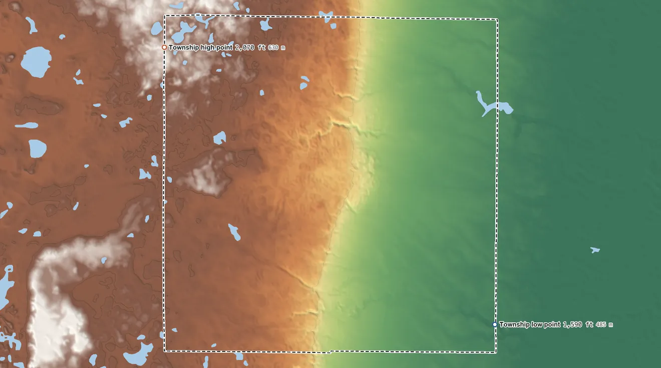 Topographic elevation map of Whitestone Township, North Dakota, shaded from 1,590 ft on the southeast side to 2,070 ft on the northwest side