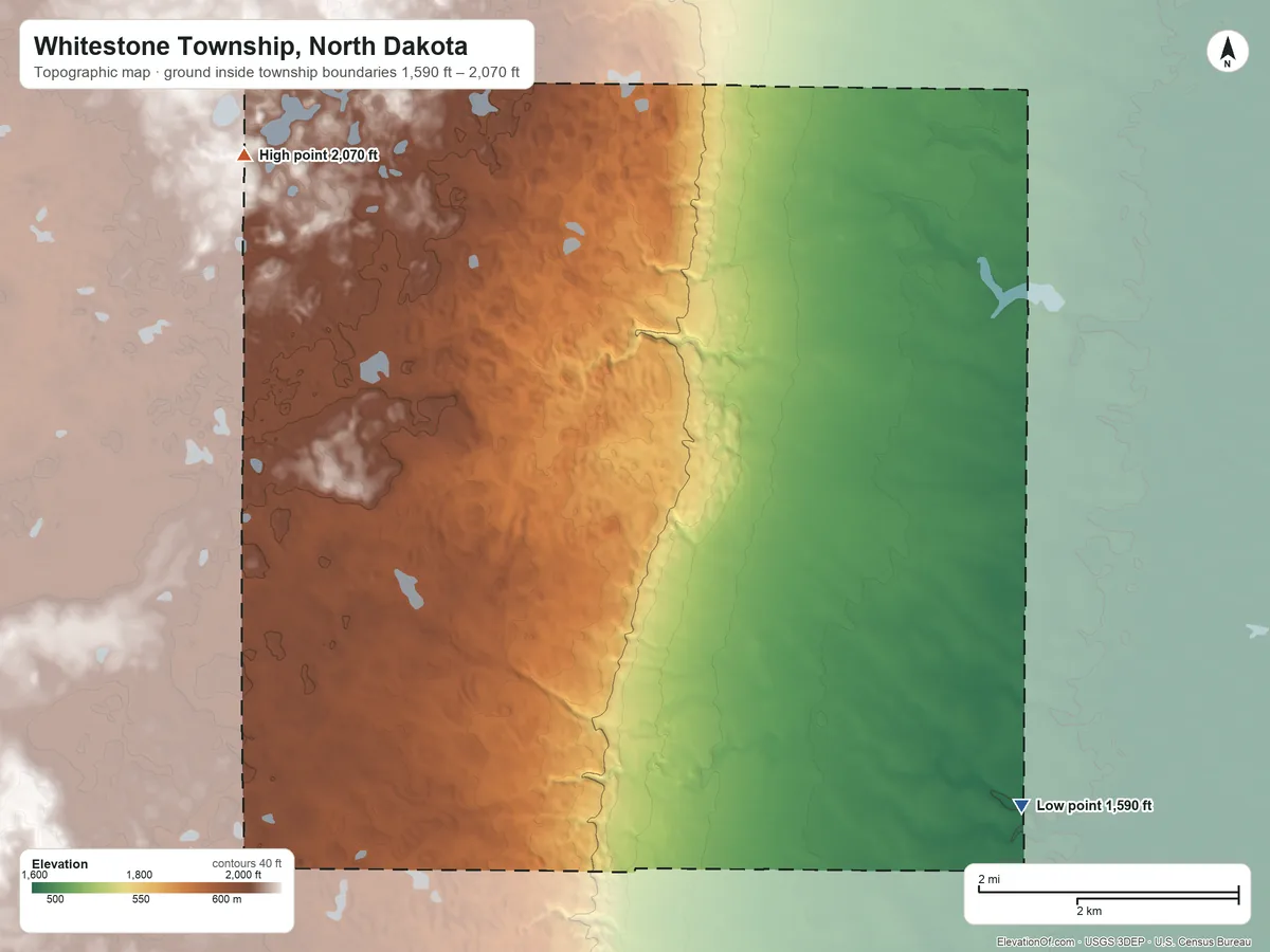 Topographic elevation map of Whitestone Township, North Dakota, shaded from 1,590 ft on the southeast side to 2,070 ft on the northwest side