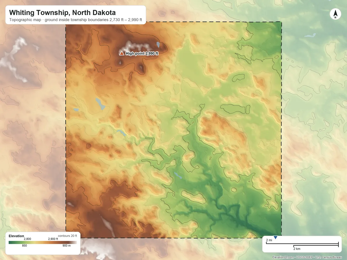 Topographic elevation map of Whiting Township, North Dakota, shaded from 2,730 ft on the southeast side to 2,990 ft on the west side