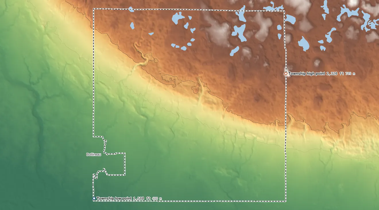 Topographic elevation map of Whitteron Township, North Dakota, shaded from 1,580 ft on the southwest side to 2,320 ft on the east side