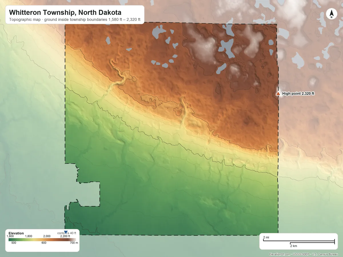 Topographic elevation map of Whitteron Township, North Dakota, shaded from 1,580 ft on the southwest side to 2,320 ft on the east side