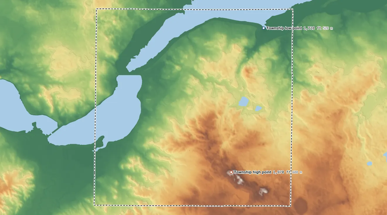 Topographic elevation map of Wild Rose Township, North Dakota, shaded from 1,710 ft on the northeast side to 1,970 ft on the southeast side