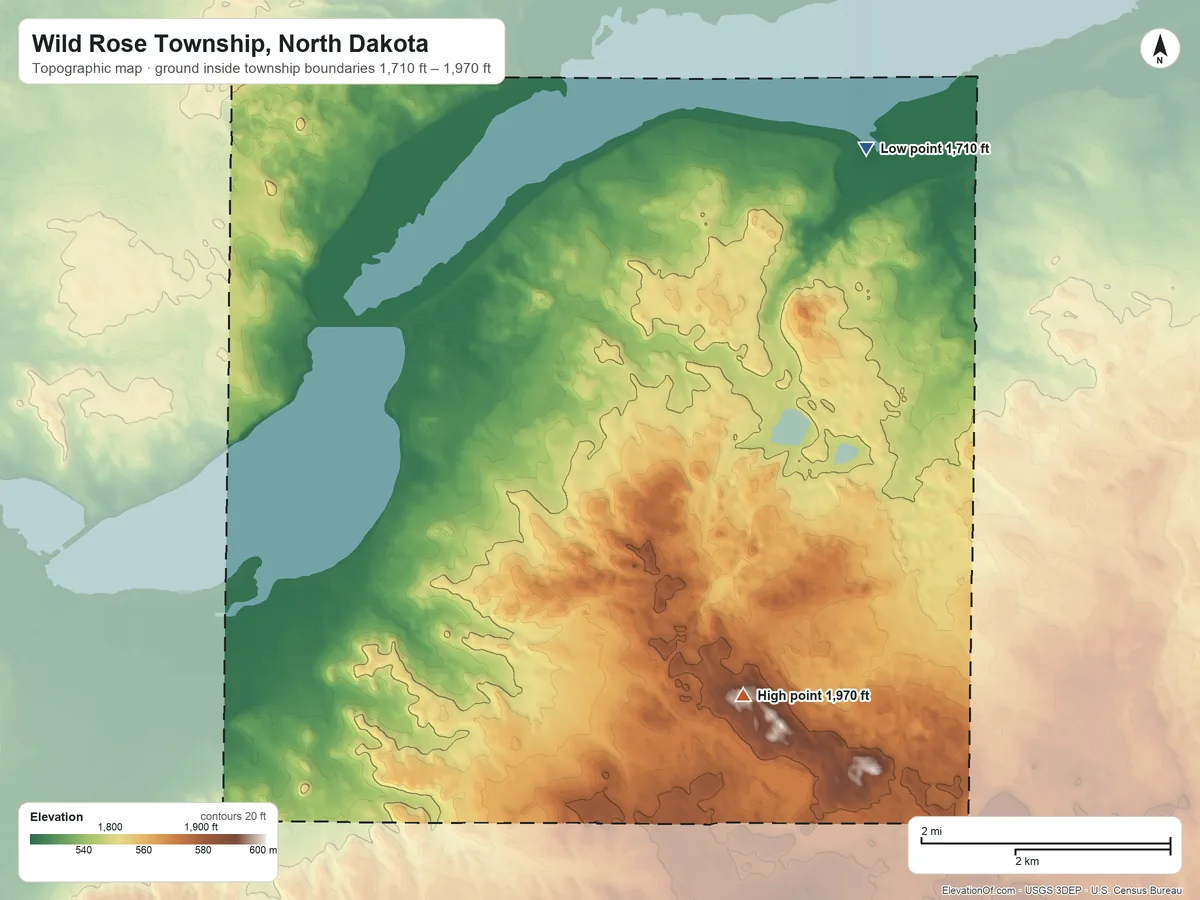 Topographic elevation map of Wild Rose Township, North Dakota, shaded from 1,710 ft on the northeast side to 1,970 ft on the southeast side