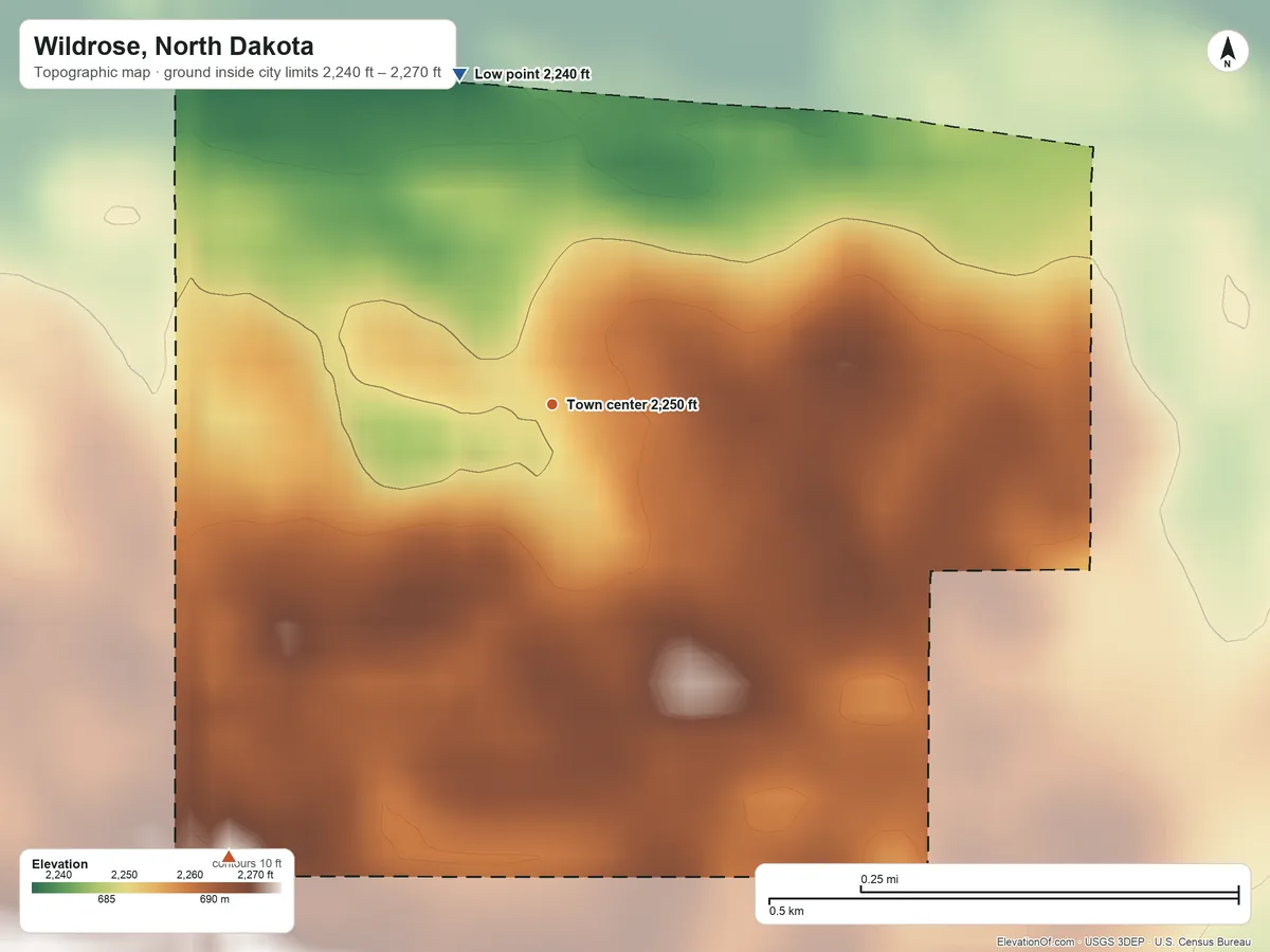 Topographic elevation map of Wildrose, North Dakota, shaded from 2,240 ft on the north side to 2,270 ft on the southwest side