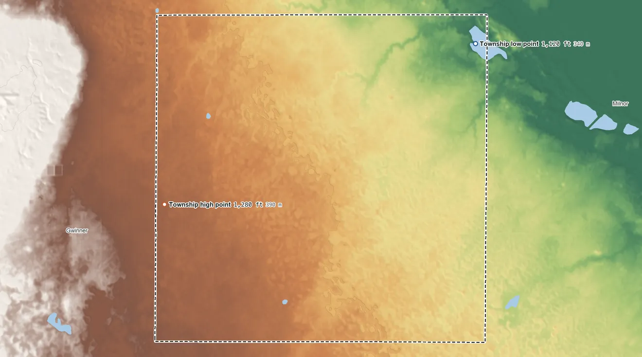 Topographic elevation map of Willey Township, North Dakota, shaded from 1,120 ft on the northeast side to 1,280 ft on the west side