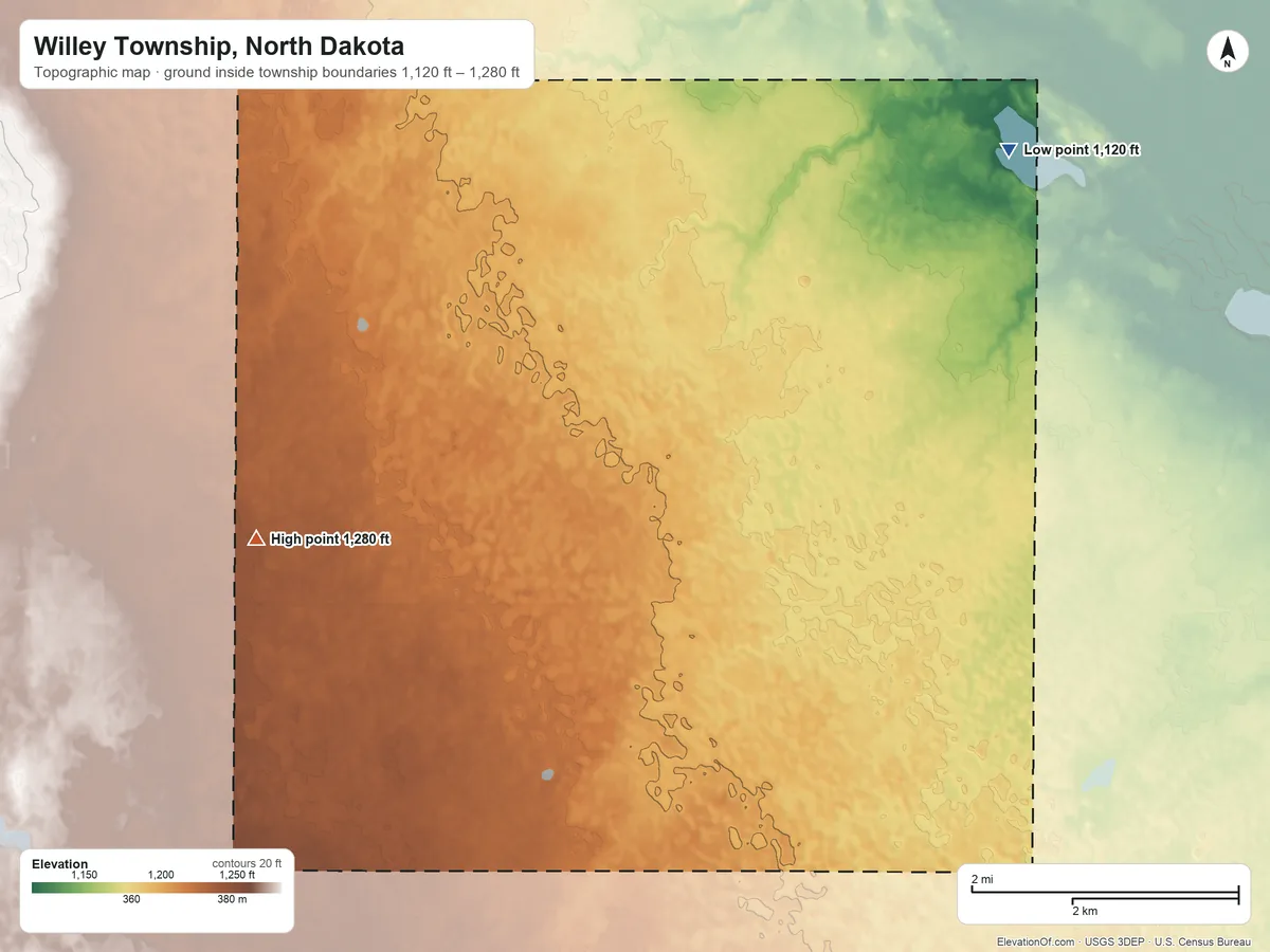 Topographic elevation map of Willey Township, North Dakota, shaded from 1,120 ft on the northeast side to 1,280 ft on the west side