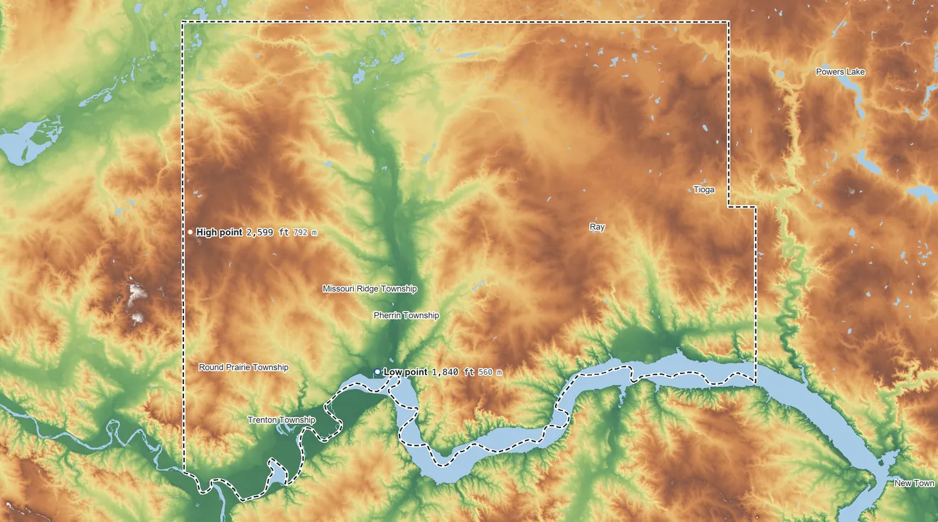 Topographic elevation map of Williams County, North Dakota, shaded from 1,840 ft on the southwest side to 2,599 ft on Bull Butte