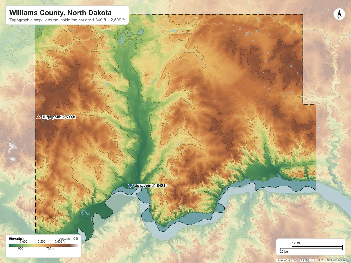 Topographic elevation map of Williams County, North Dakota, shaded from 1,840 ft on the southwest side to 2,599 ft on Bull Butte