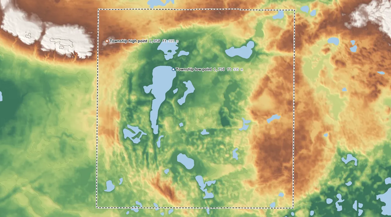 Topographic elevation map of Williams Township, Kidder County, North Dakota, shaded from 1,750 ft on the northwest side to 1,950 ft on the northwest side