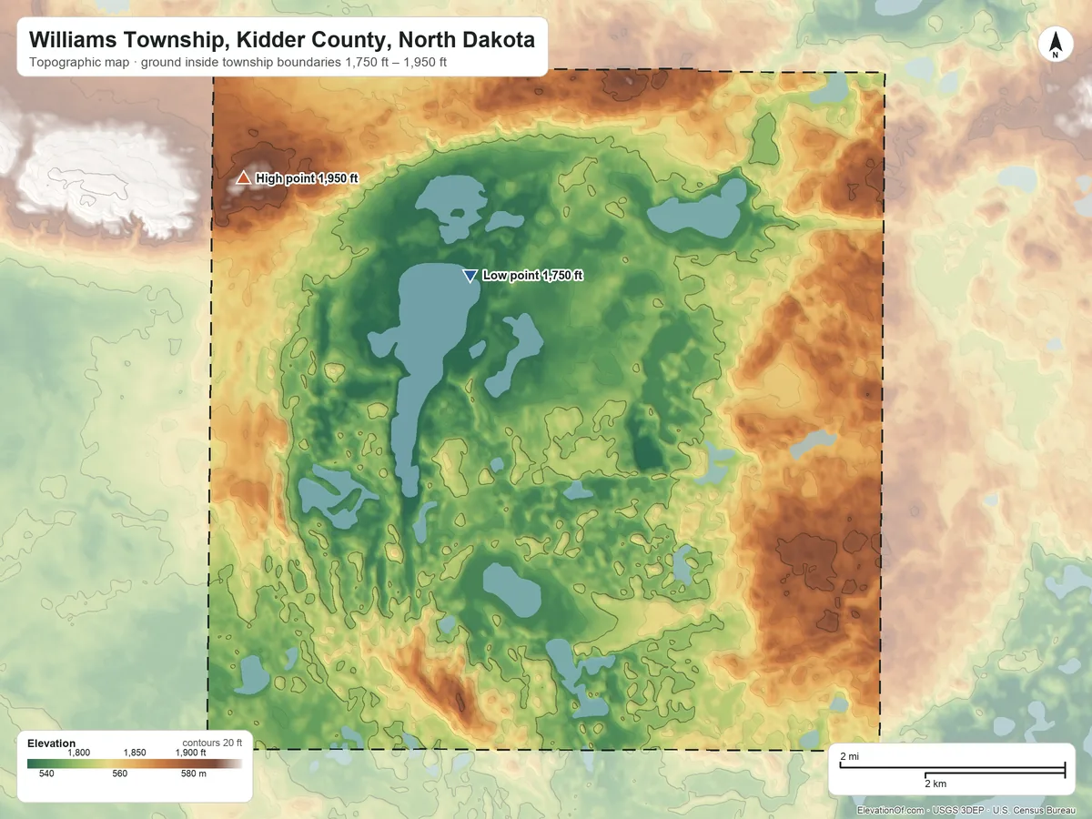 Topographic elevation map of Williams Township, Kidder County, North Dakota, shaded from 1,750 ft on the northwest side to 1,950 ft on the northwest side