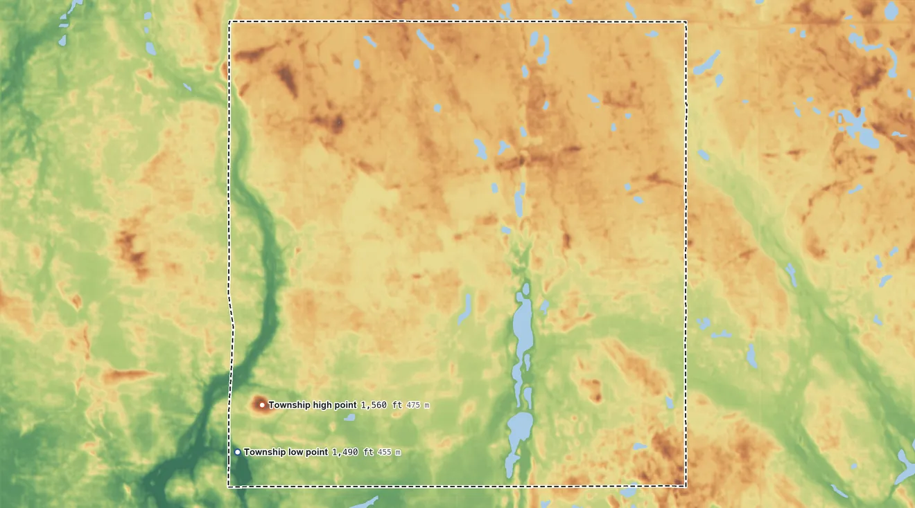Topographic elevation map of Williams Township, North Dakota, shaded from 1,490 ft on the south side to 1,560 ft on the south side